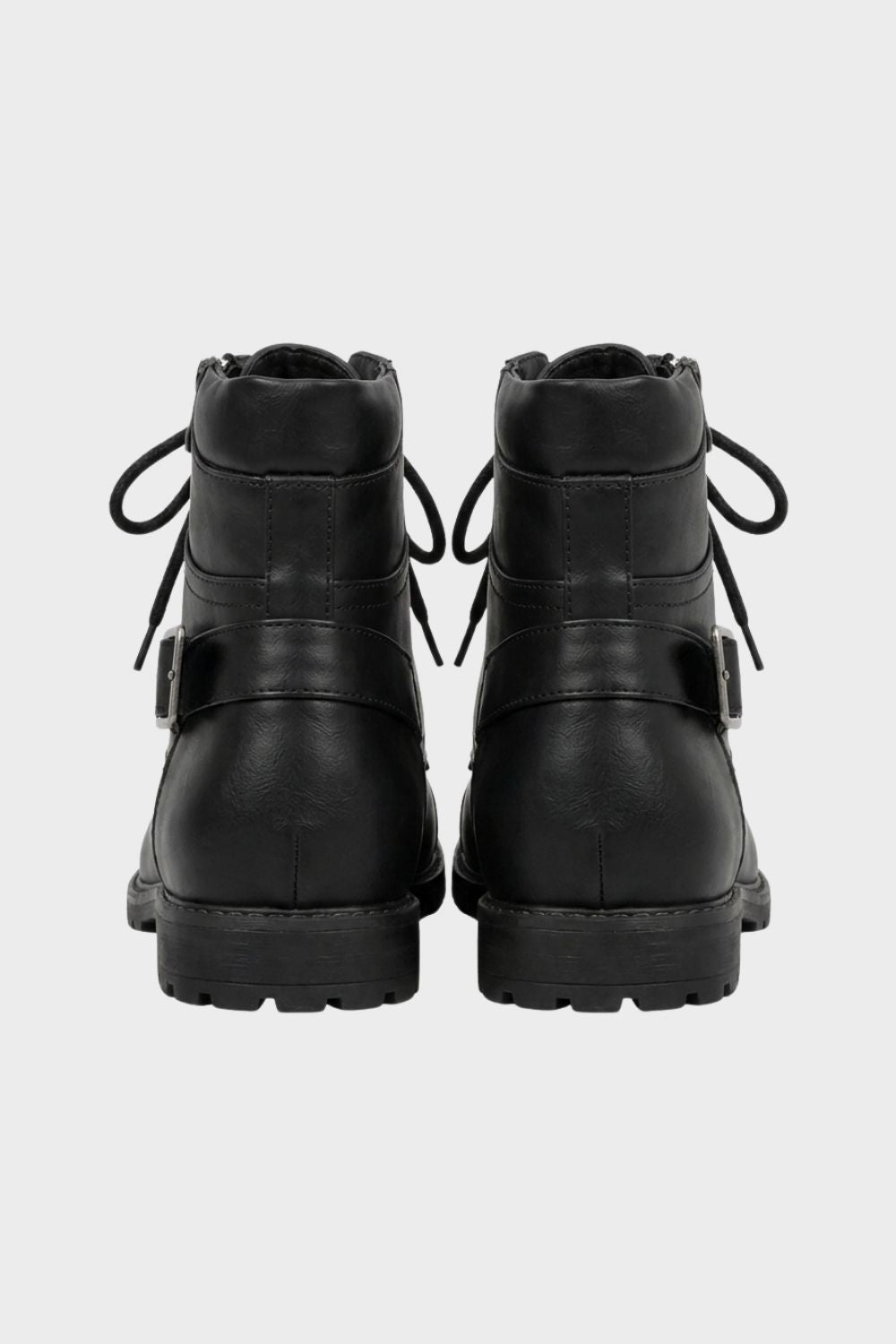Men's lace-up combat boots, back view with heel pull tab