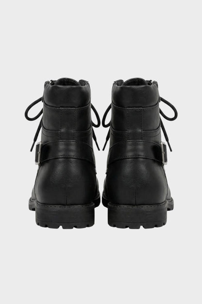 Men's lace-up combat boots, back view with heel pull tab