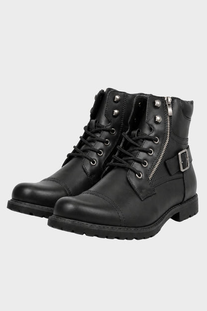 Men's black combat boots with lace-up front and buckled ankle strap