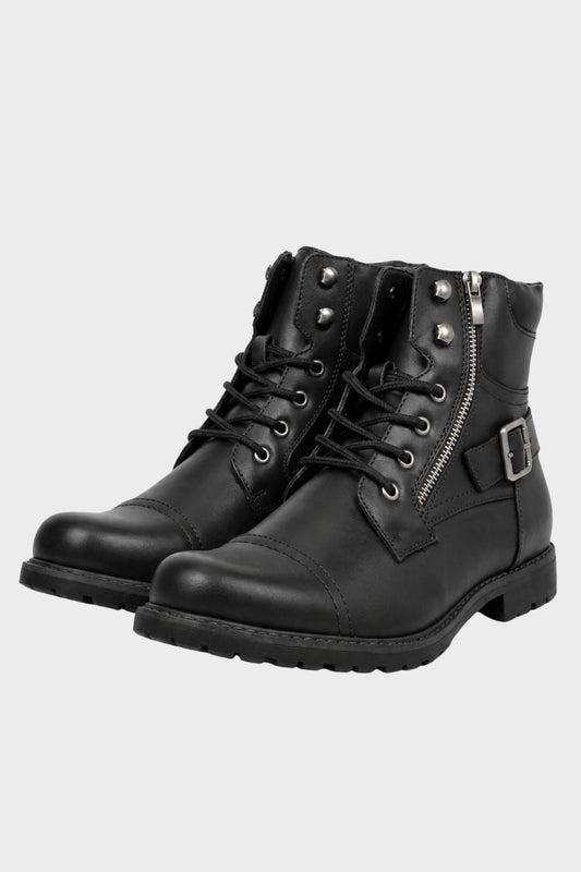 Men's black combat boots with lace-up front and buckled ankle strap