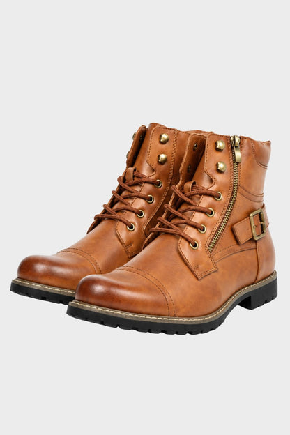 Men's brown lace-up combat boots with chunky lug sole