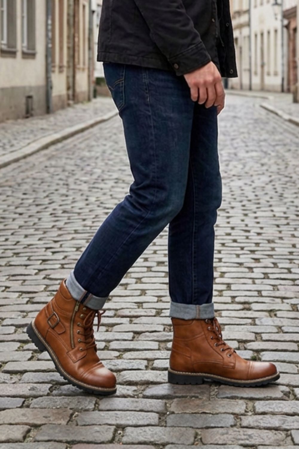 Men's brown combat boots worn casually with jeans
