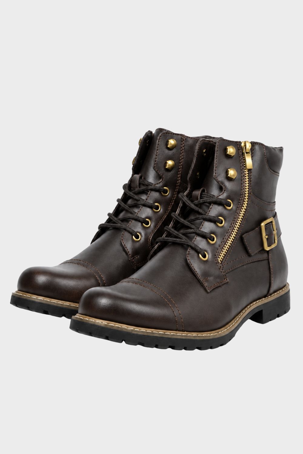 Men's chestnut combat boots with buckle strap and side zip