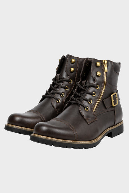 Men's chestnut combat boots with buckle strap and side zip