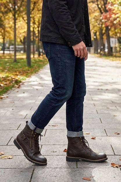 Men's chestnut combat boots for casual fall outfits