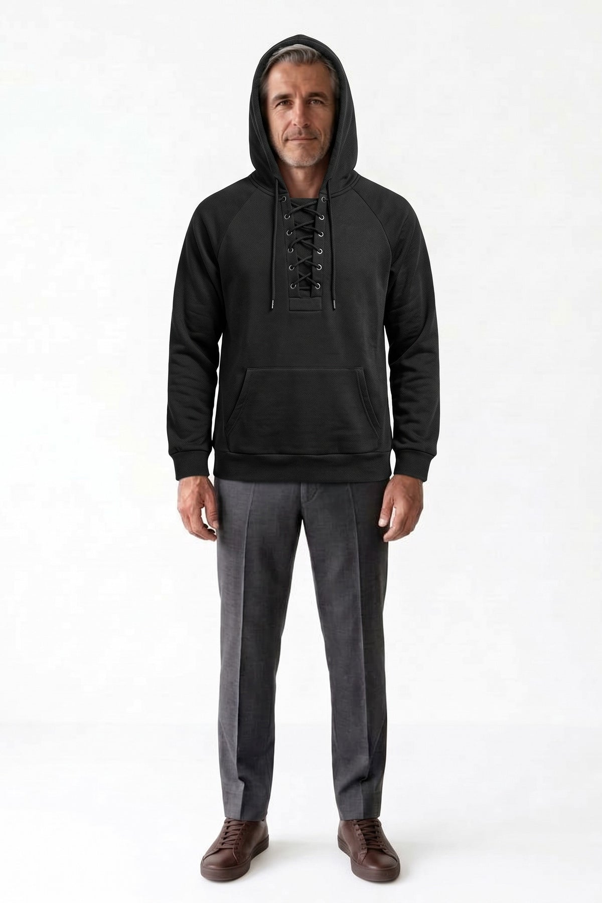 Men's Lace-Up Hoodie | Kangaroo Pocket — Black — front view — on model