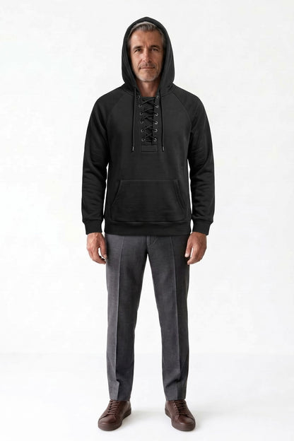 Men's Lace-Up Hoodie | Kangaroo Pocket — Black — front view — on model