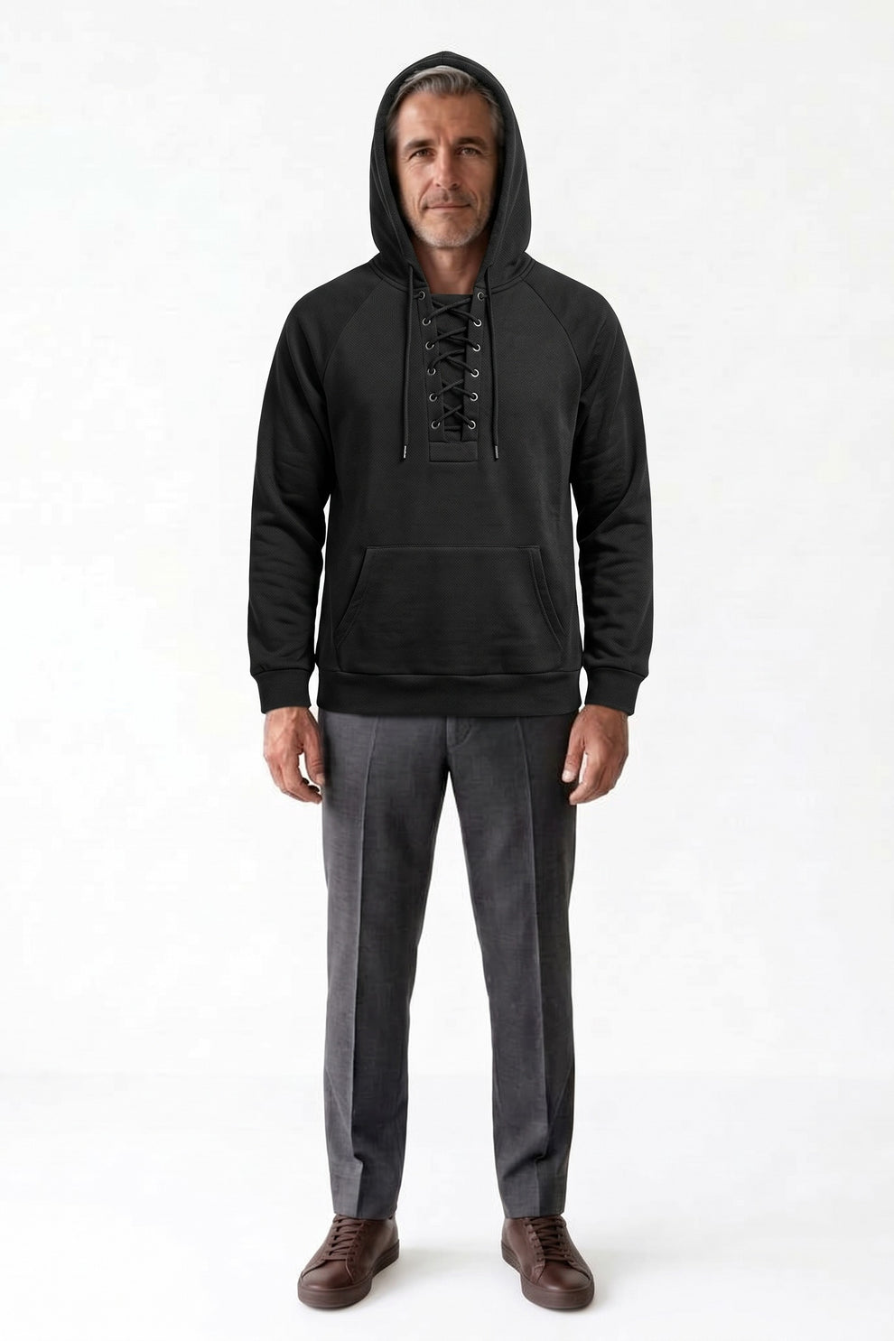 Men's Lace-Up Hoodie | Kangaroo Pocket — Black — front view — on model