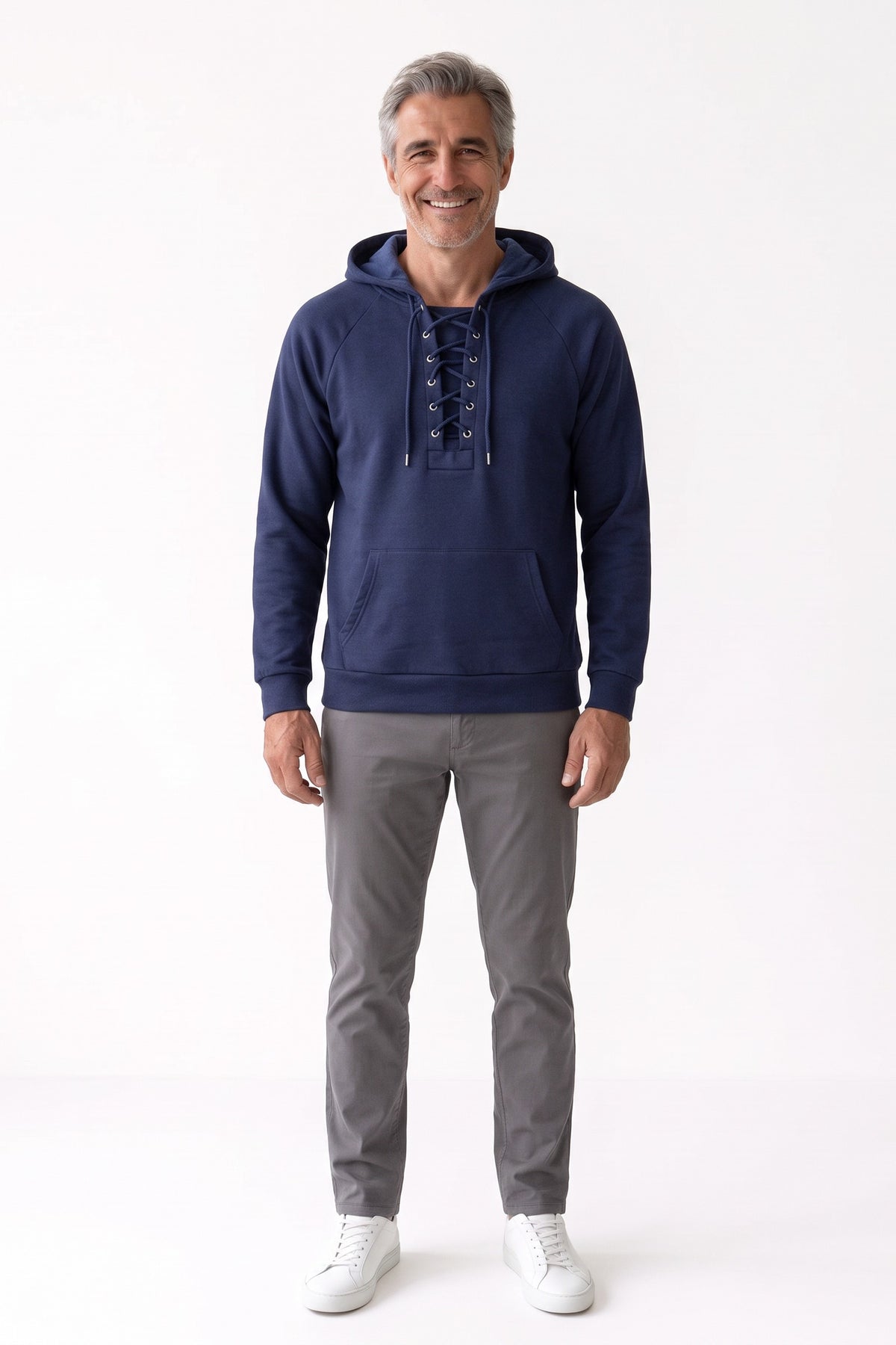 Men's Lace-Up Hoodie | Kangaroo Pocket — Blue — front view — on model