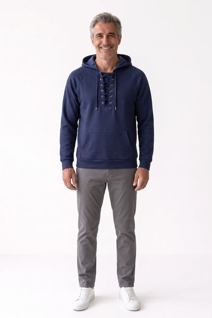 Men's Lace-Up Hoodie | Kangaroo Pocket — Blue — front view — on model