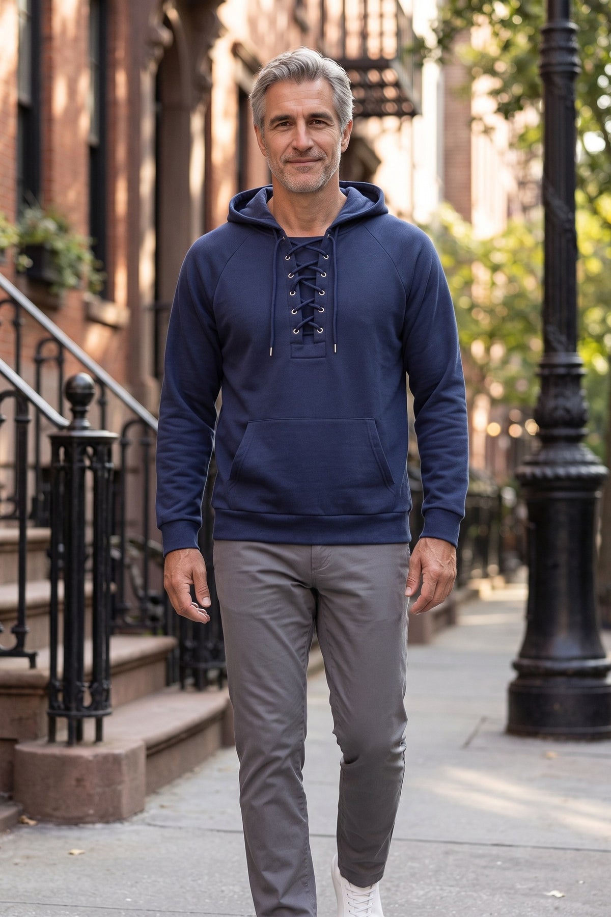 Men's Lace-Up Hoodie | Kangaroo Pocket — Blue — lifestyle — on model