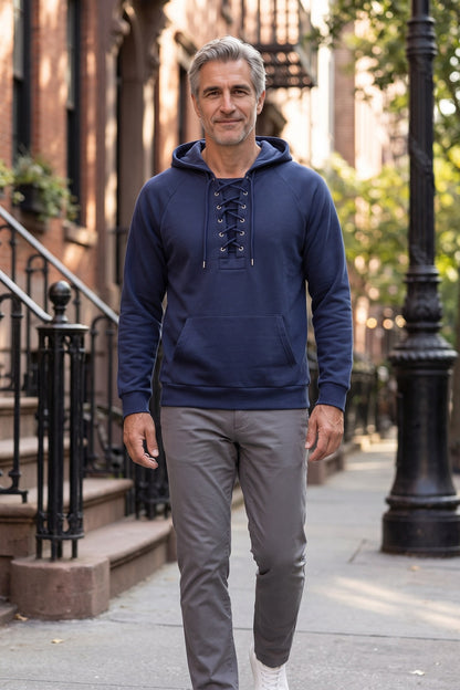 Men's Lace-Up Hoodie | Kangaroo Pocket — Blue — lifestyle — on model
