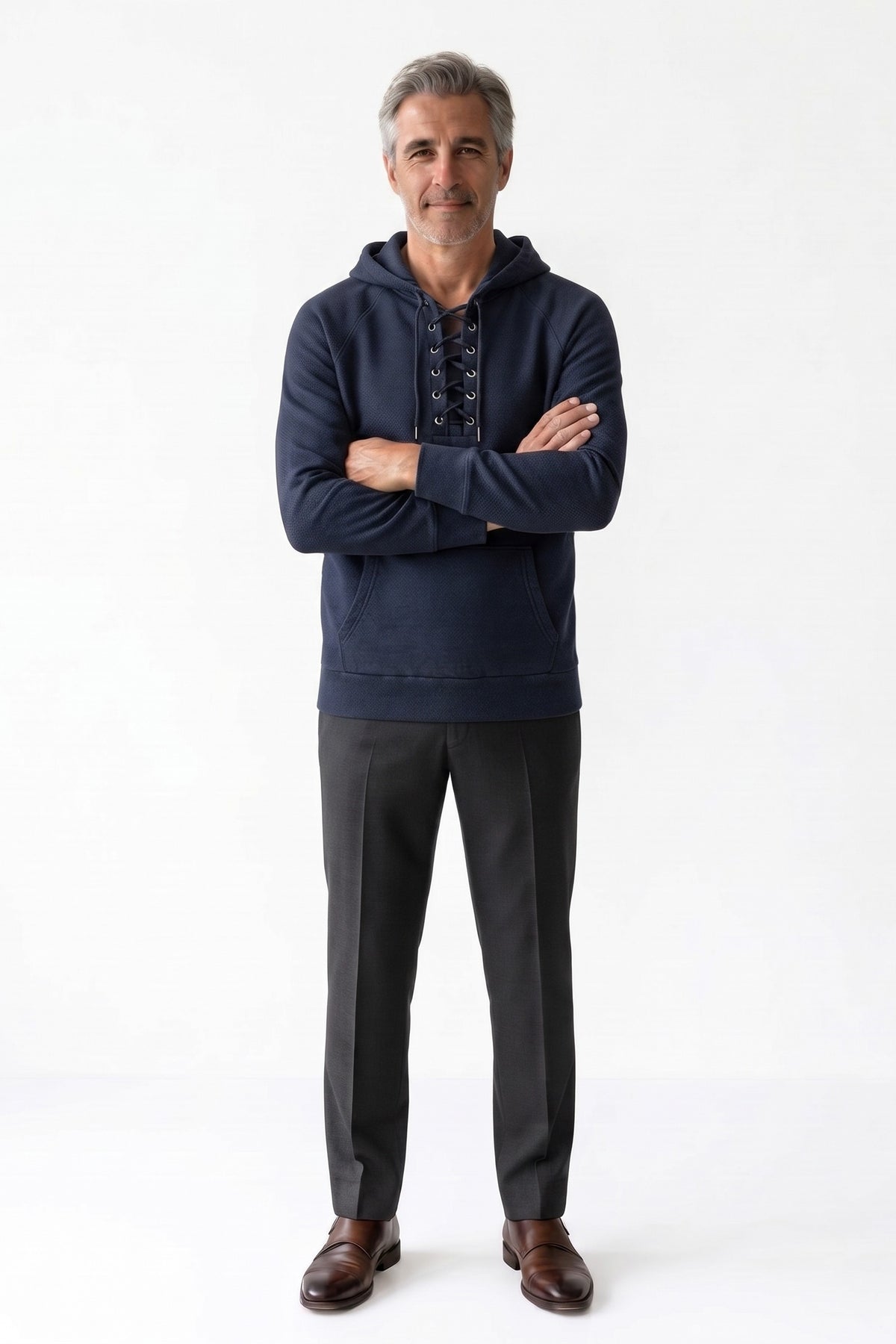 Men's Lace-Up Hoodie | Kangaroo Pocket — Navy — front view — on model
