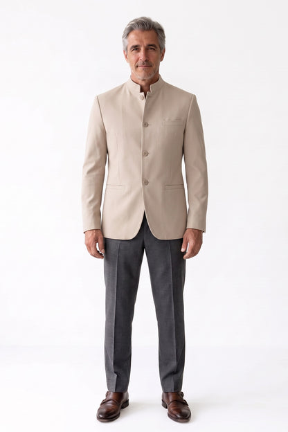 Men's Mandarin Collar Blazer | Fitted — Beige — front view — on model