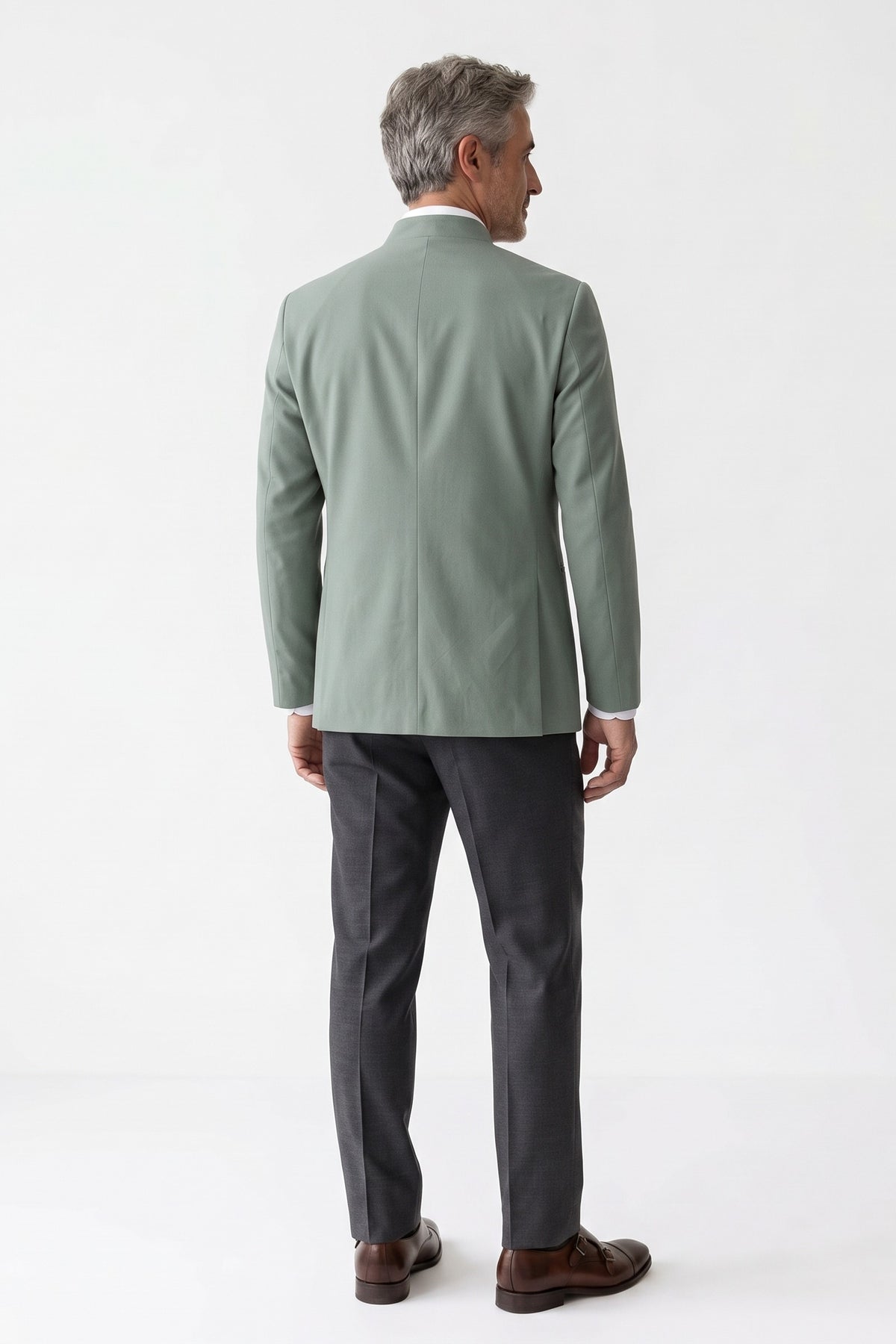 Men's Mandarin Collar Blazer | Fitted — Green — back view — on model