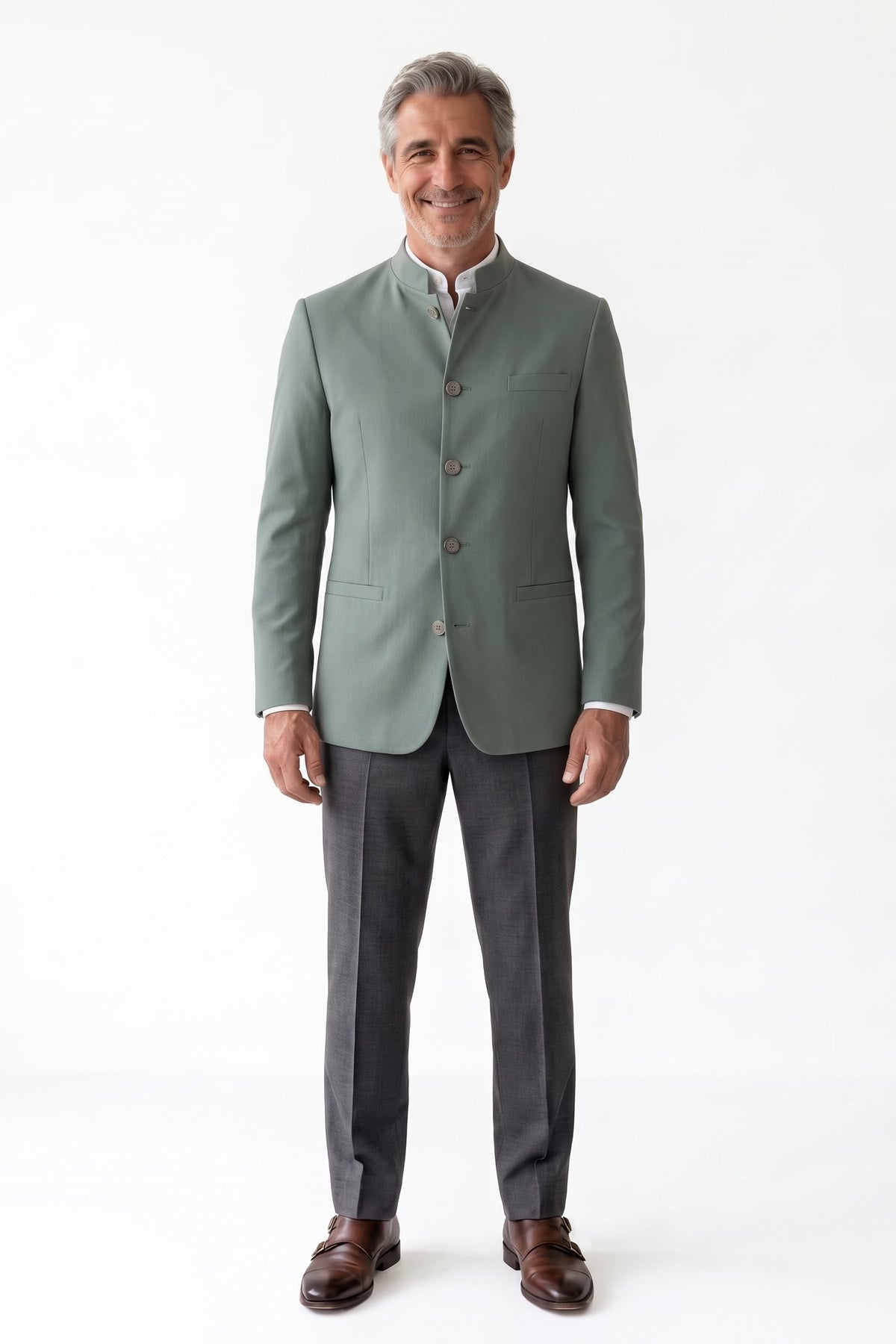 Men's Mandarin Collar Blazer | Fitted — Green — front view — on model
