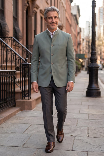 Men's Mandarin Collar Blazer | Fitted — Green — lifestyle — on model