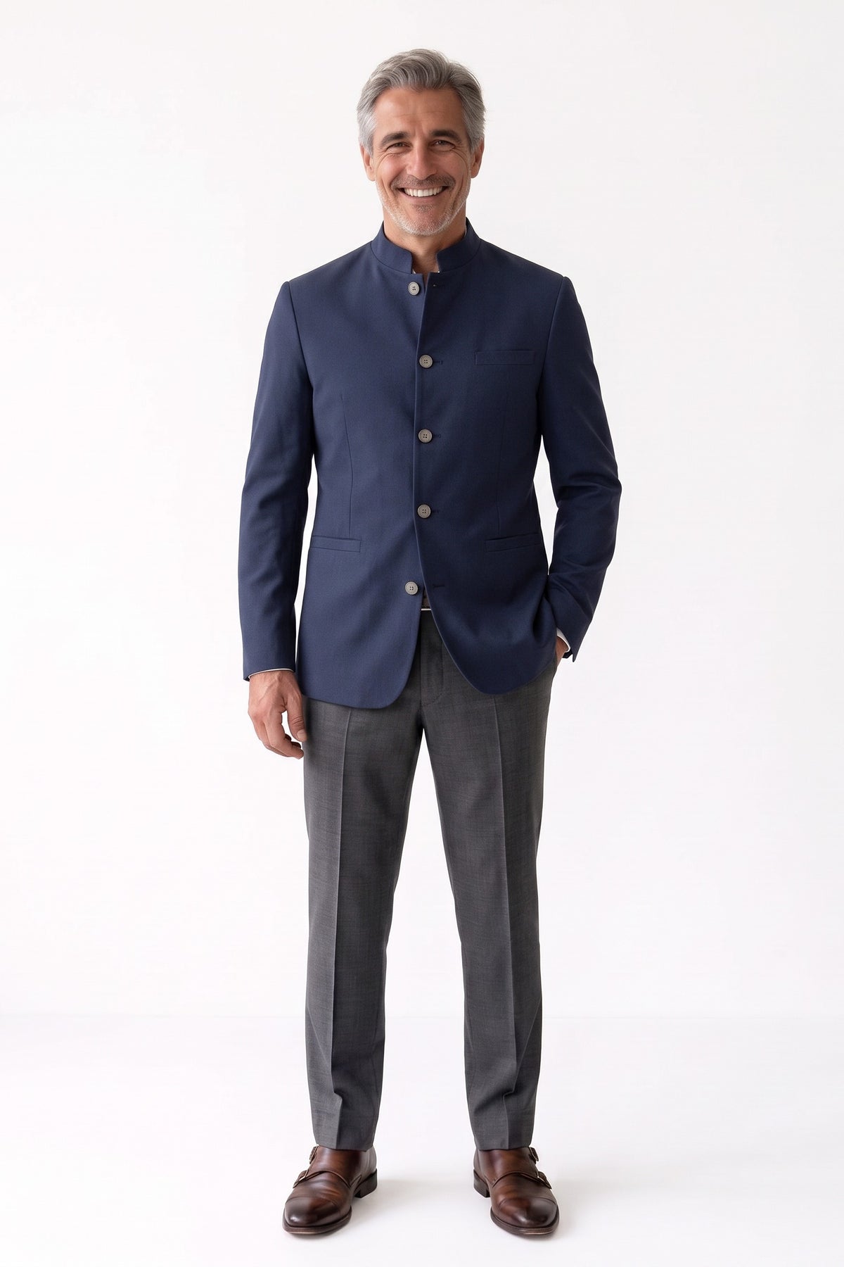 Men's Mandarin Collar Blazer | Fitted — Navy — front view — on model