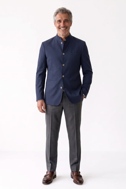 Men's Mandarin Collar Blazer | Fitted — Navy — front view — on model