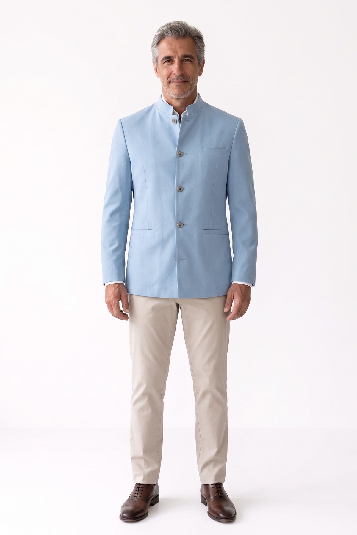 Men's Mandarin Collar Blazer | Fitted — Sky Blue — front view — on model