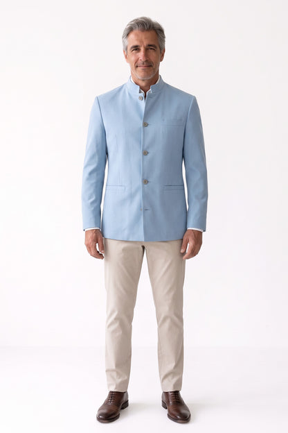 Men's Mandarin Collar Blazer | Fitted — Sky Blue — front view — on model