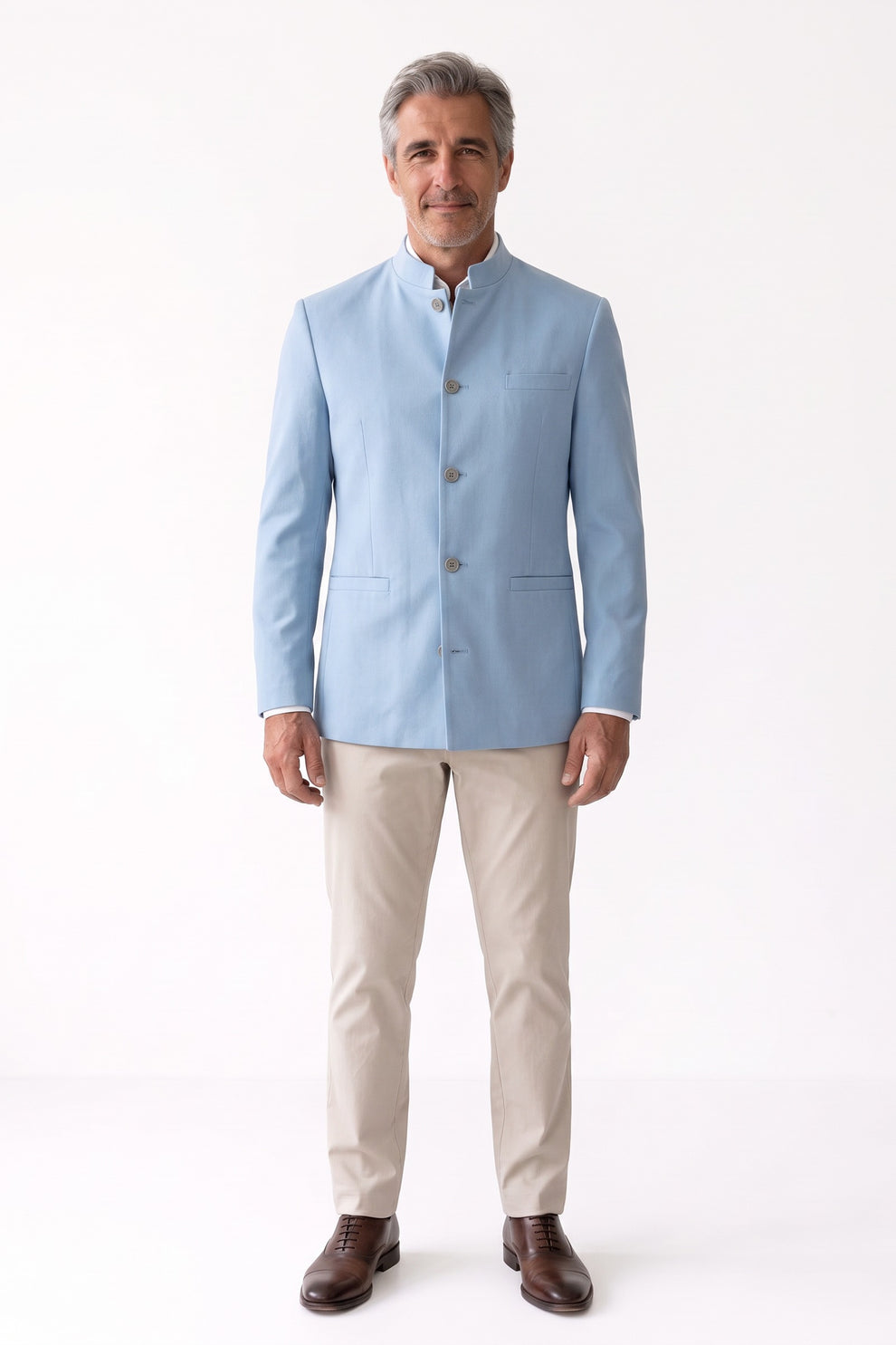Men's Mandarin Collar Blazer | Fitted — Sky Blue — front view — on model