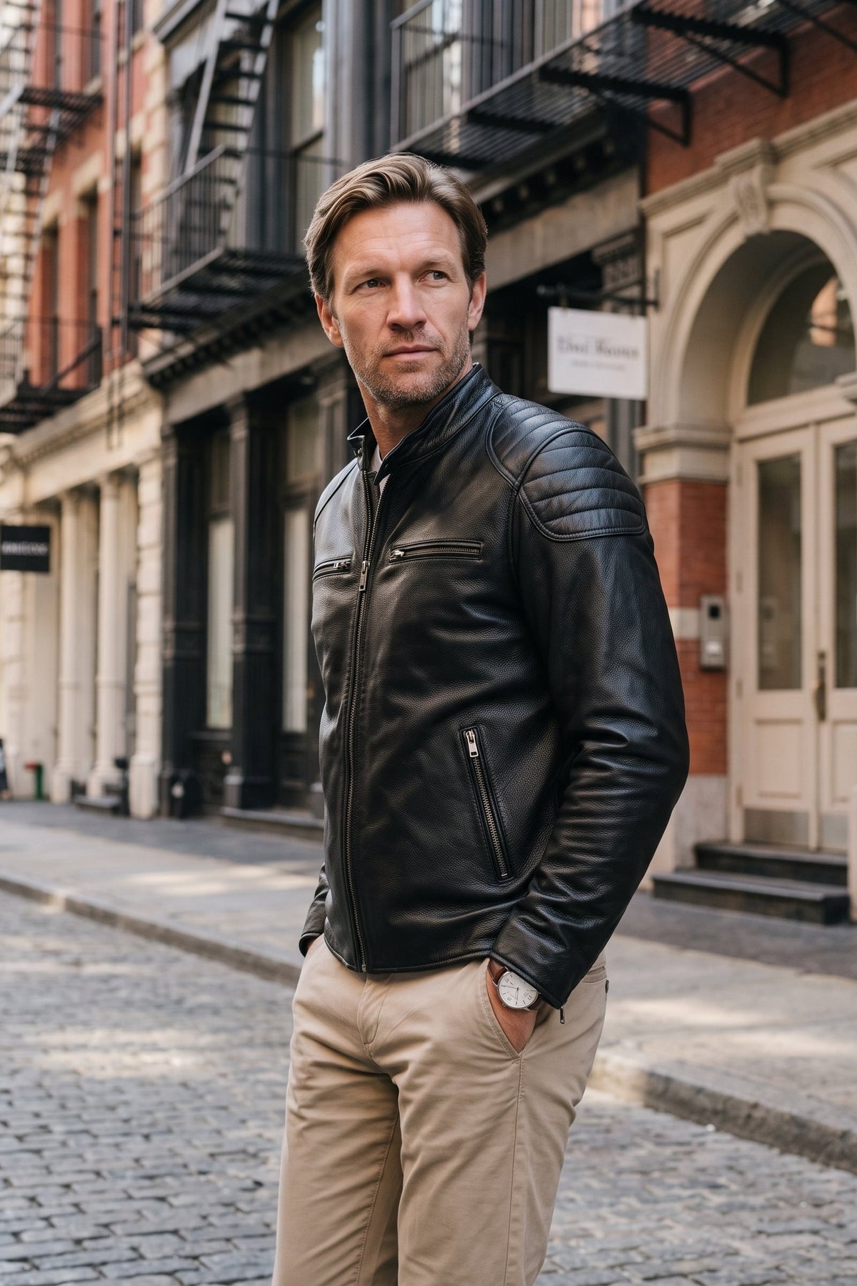 Men's Motorcycle Jacket | Slim Biker Fit — Black — lifestyle — on model