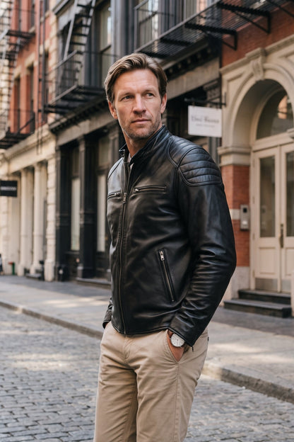 Men's Motorcycle Jacket | Slim Biker Fit — Black — lifestyle — on model