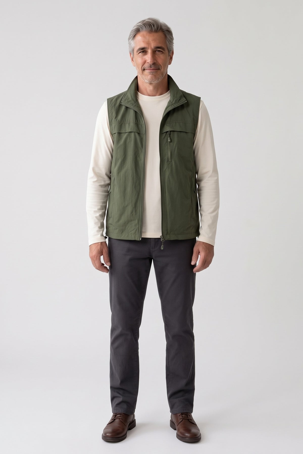 Men's Outdoor Vest | Stand Collar — Army Green — front view — on model