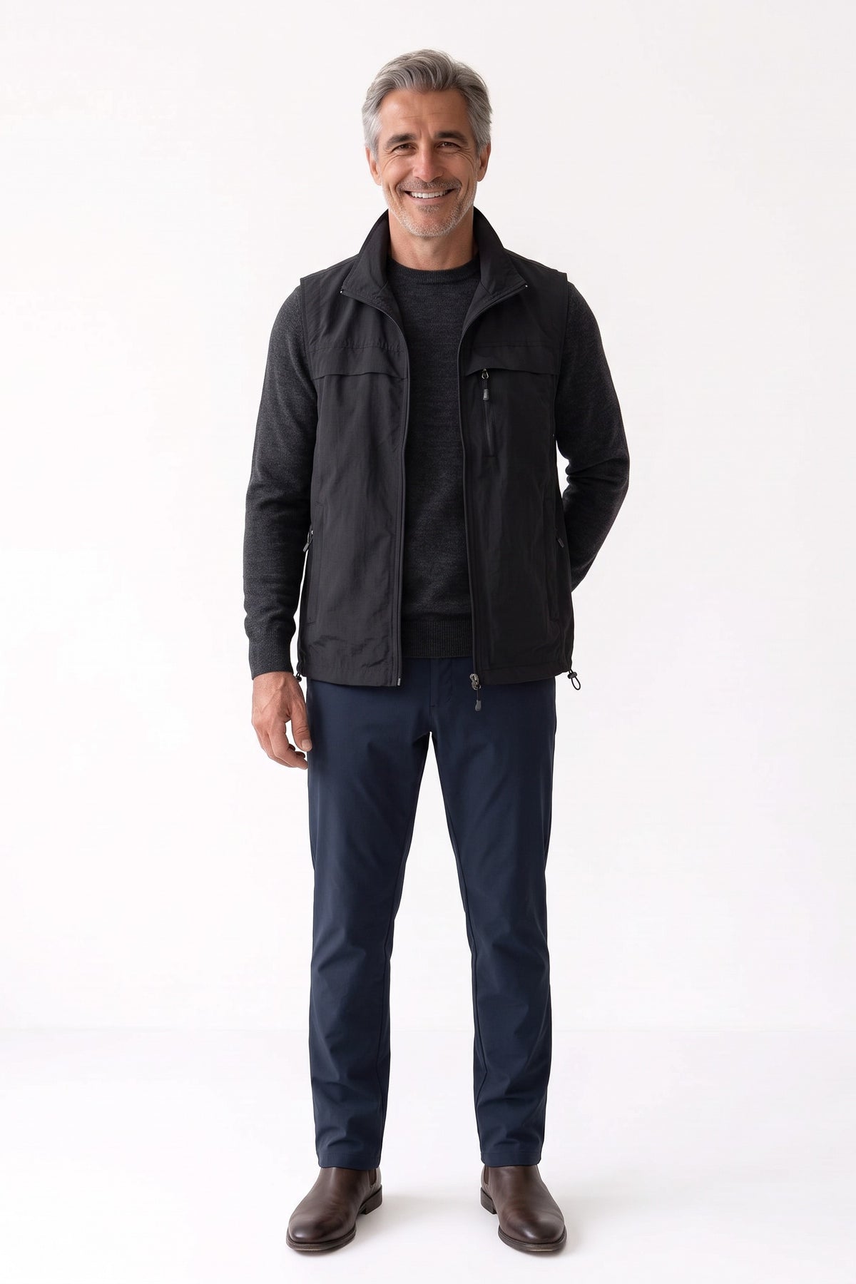 Men's Outdoor Vest | Stand Collar — Black — front view — on model