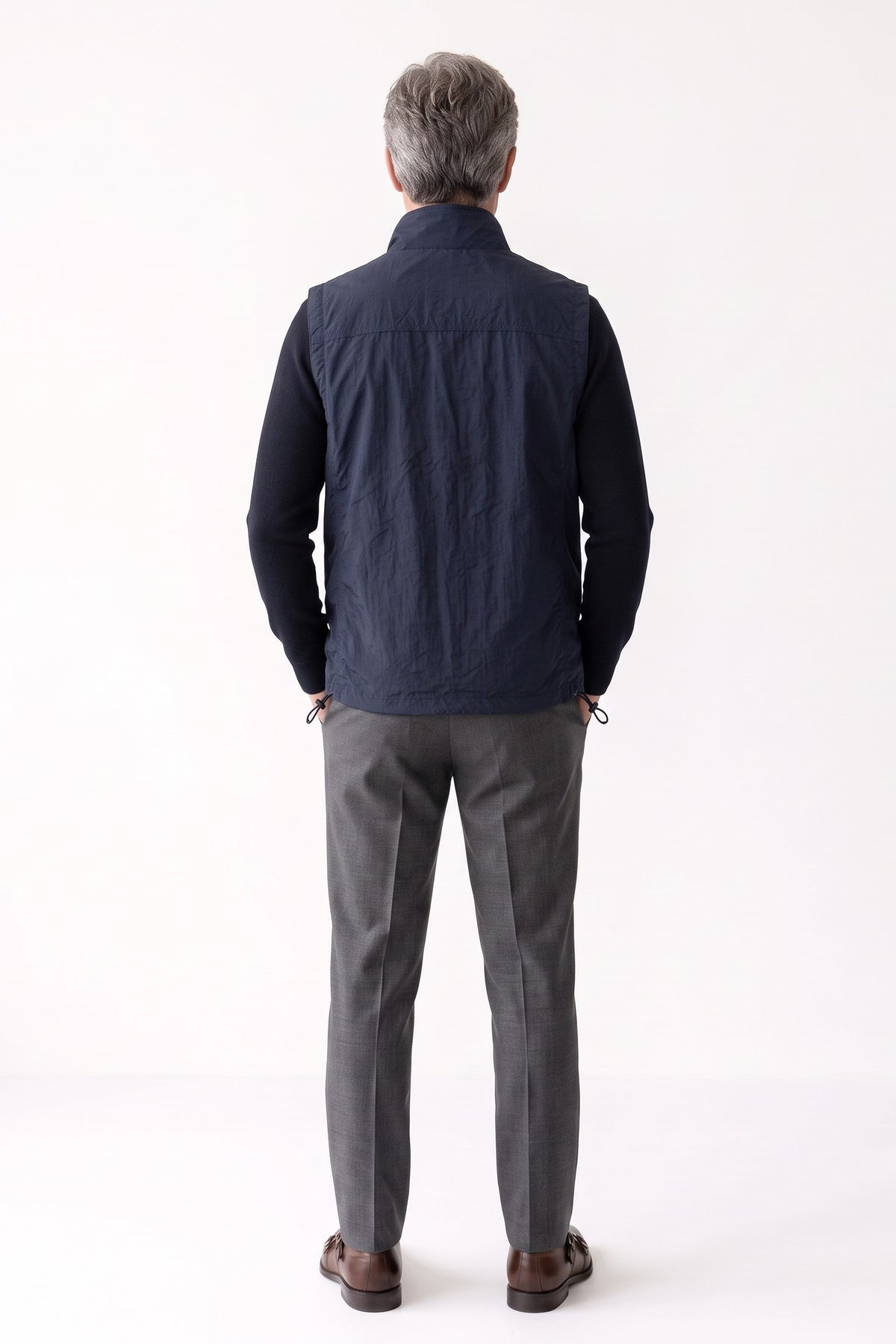 Men's Outdoor Vest | Stand Collar — Dark Blue — back view — on model
