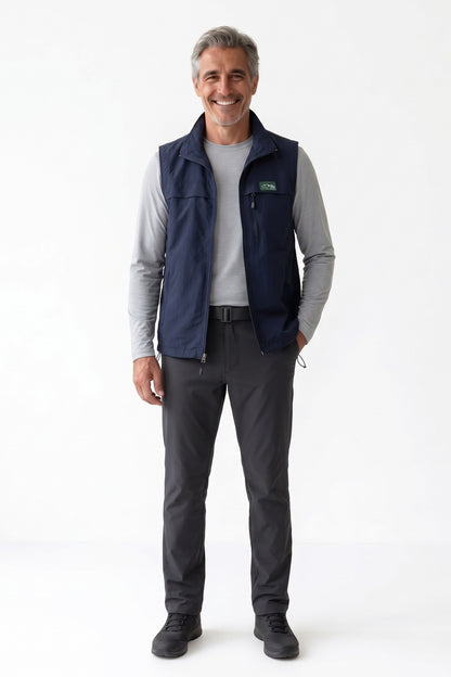 Men's Outdoor Vest | Stand Collar — Dark Blue — front view — on model