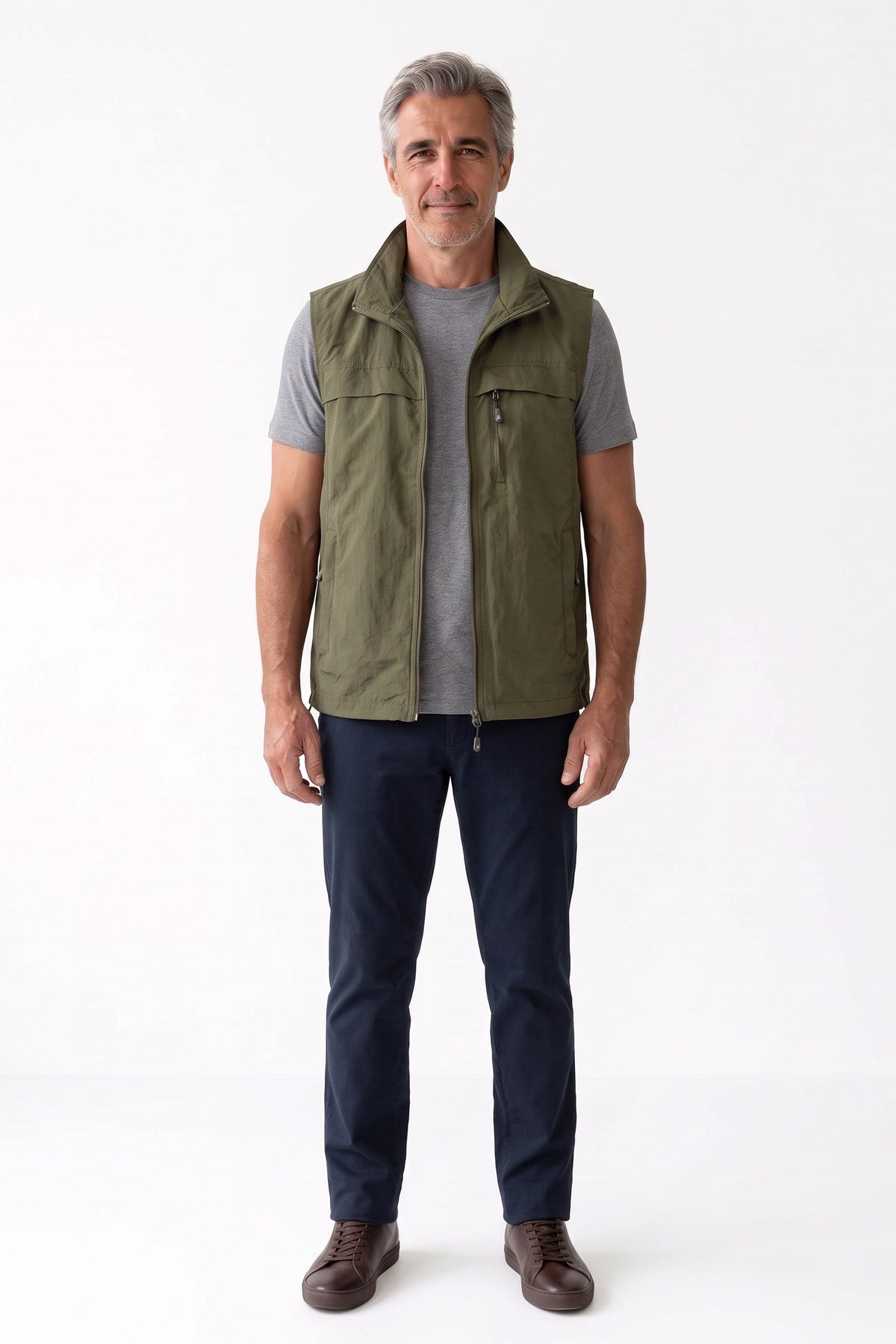 Men's Outdoor Vest | Stand Collar — Grass Green — front view — on model