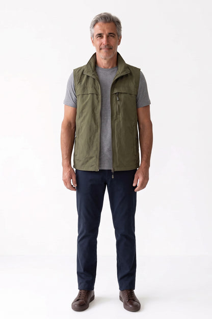 Men's Outdoor Vest | Stand Collar — Grass Green — front view — on model