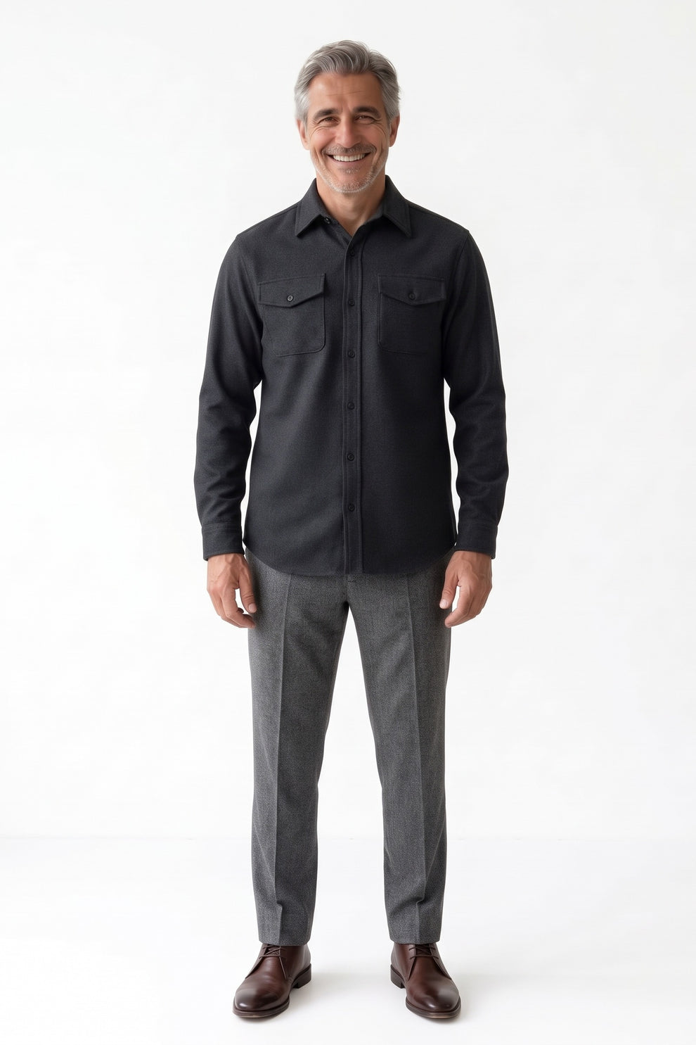 Men's Overshirt Jacket | Button-Up Front — Black — front view — on model