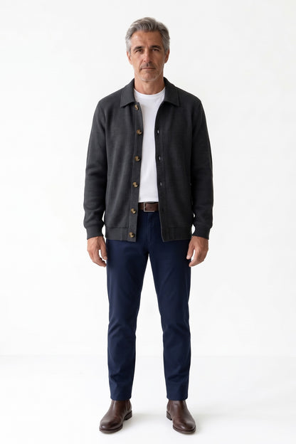 Men's Overshirt Jacket | Spread Collar — Black — front view — on model