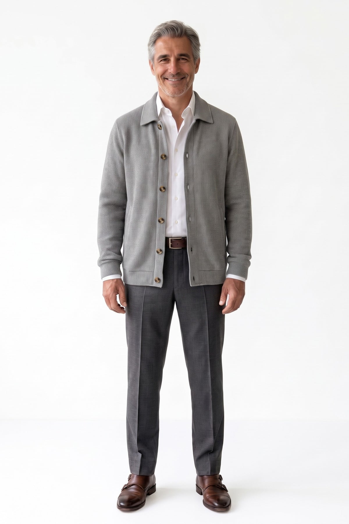 Men's Overshirt Jacket | Spread Collar — Grey — front view — on model