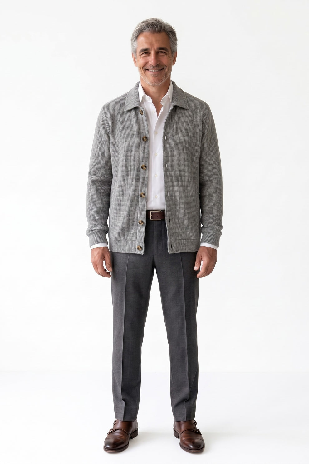 Men's Overshirt Jacket | Spread Collar — Grey — front view — on model