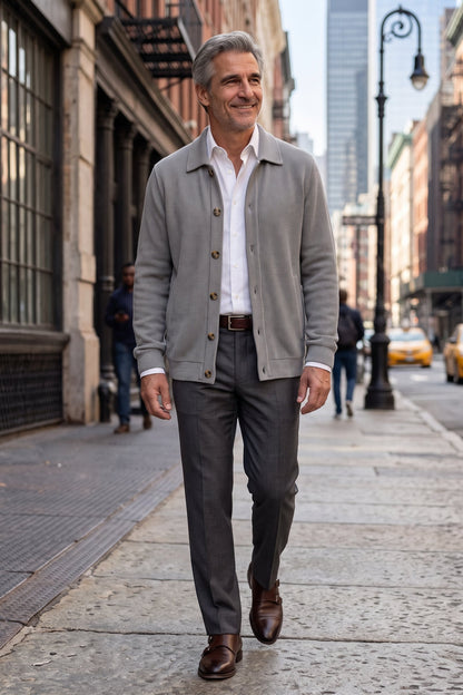 Men's Overshirt Jacket | Spread Collar — Grey — lifestyle — on model