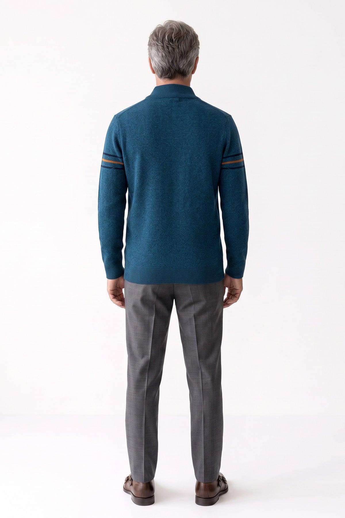 Men's Quarter-Zip Sweater | Stand Collar — Blue — back view — on model