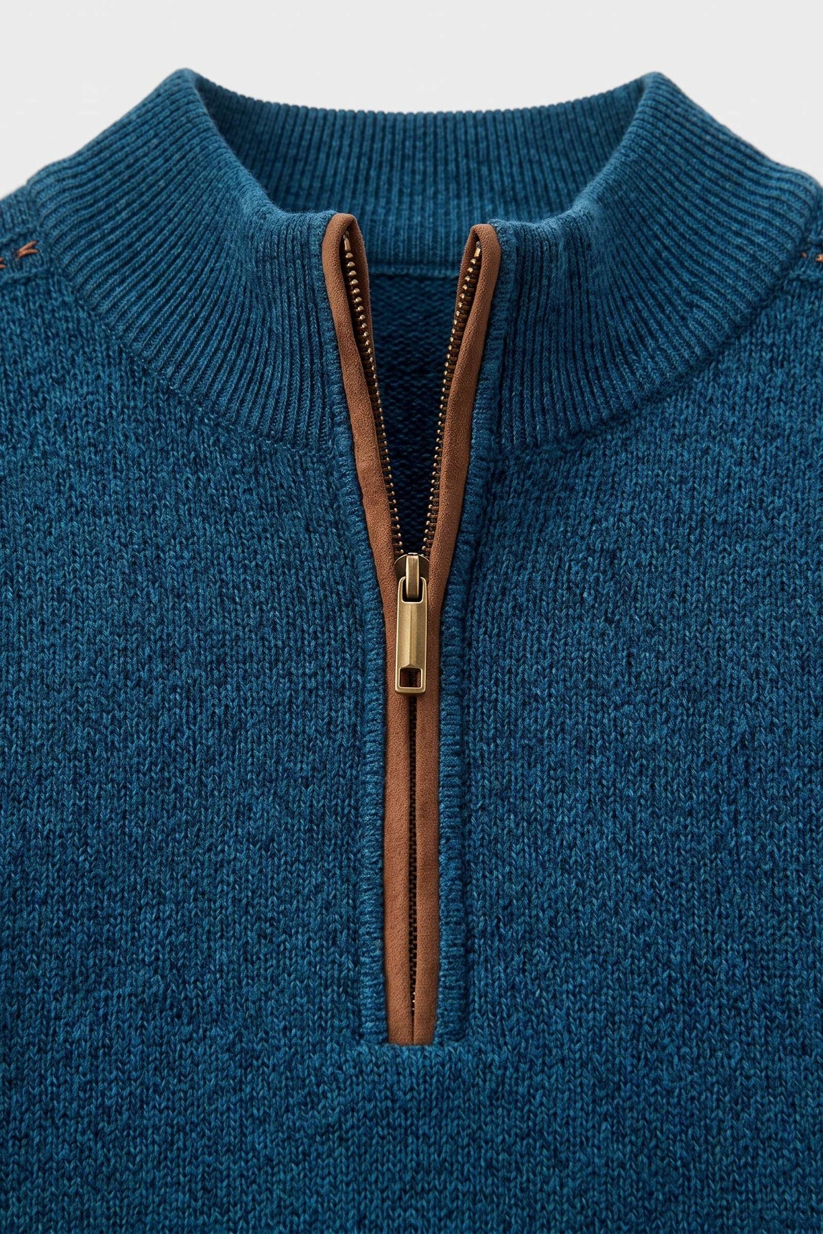 Men's Quarter-Zip Sweater | Stand Collar — Blue — detail — on model
