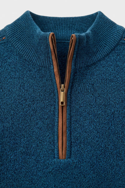 Men's Quarter-Zip Sweater | Stand Collar — Blue — detail — on model