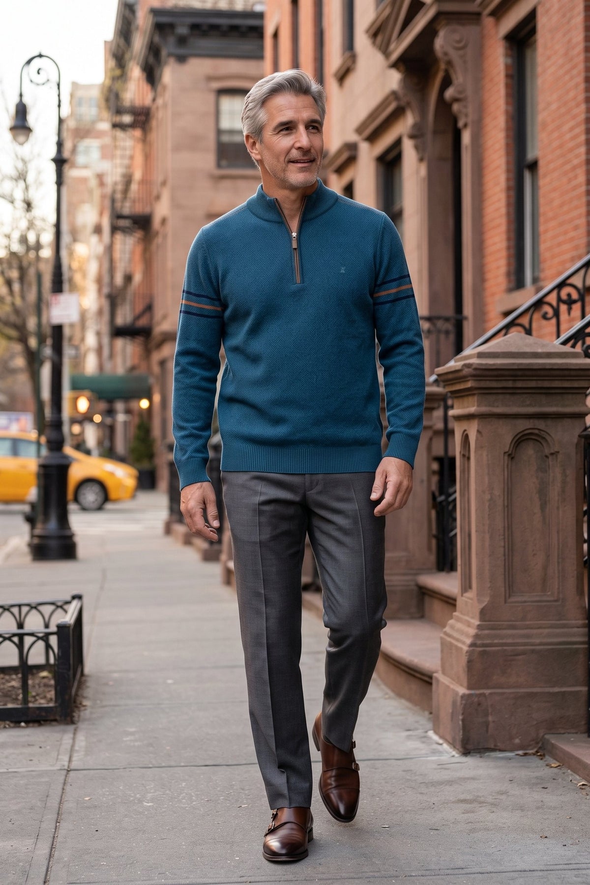 Men's Quarter-Zip Sweater | Stand Collar — Blue — lifestyle — on model