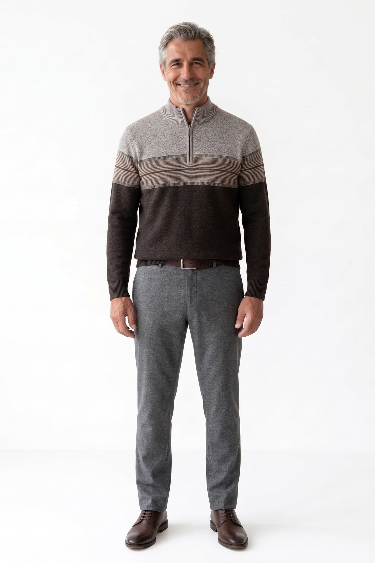 Men's Quarter-Zip Sweater | Striped — Coffee Brown — front view — on model