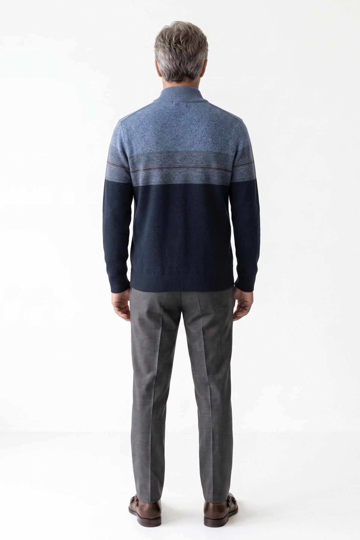 Men's Quarter-Zip Sweater | Striped — Dark Blue — back view — on model