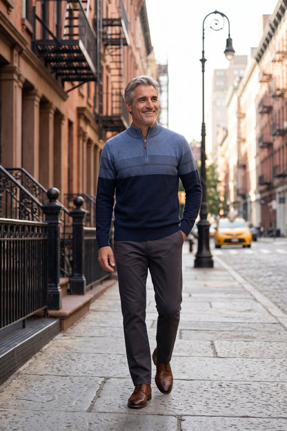 Men's Quarter-Zip Sweater | Striped — Dark Blue — lifestyle — on model