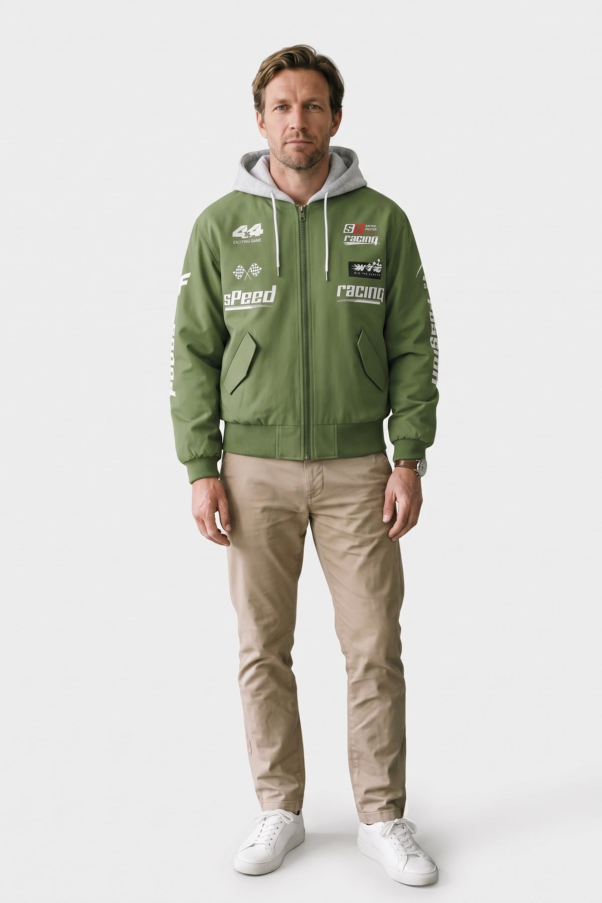 Men's Racing Bomber Jacket | Hooded — Apple Green — front view — on model