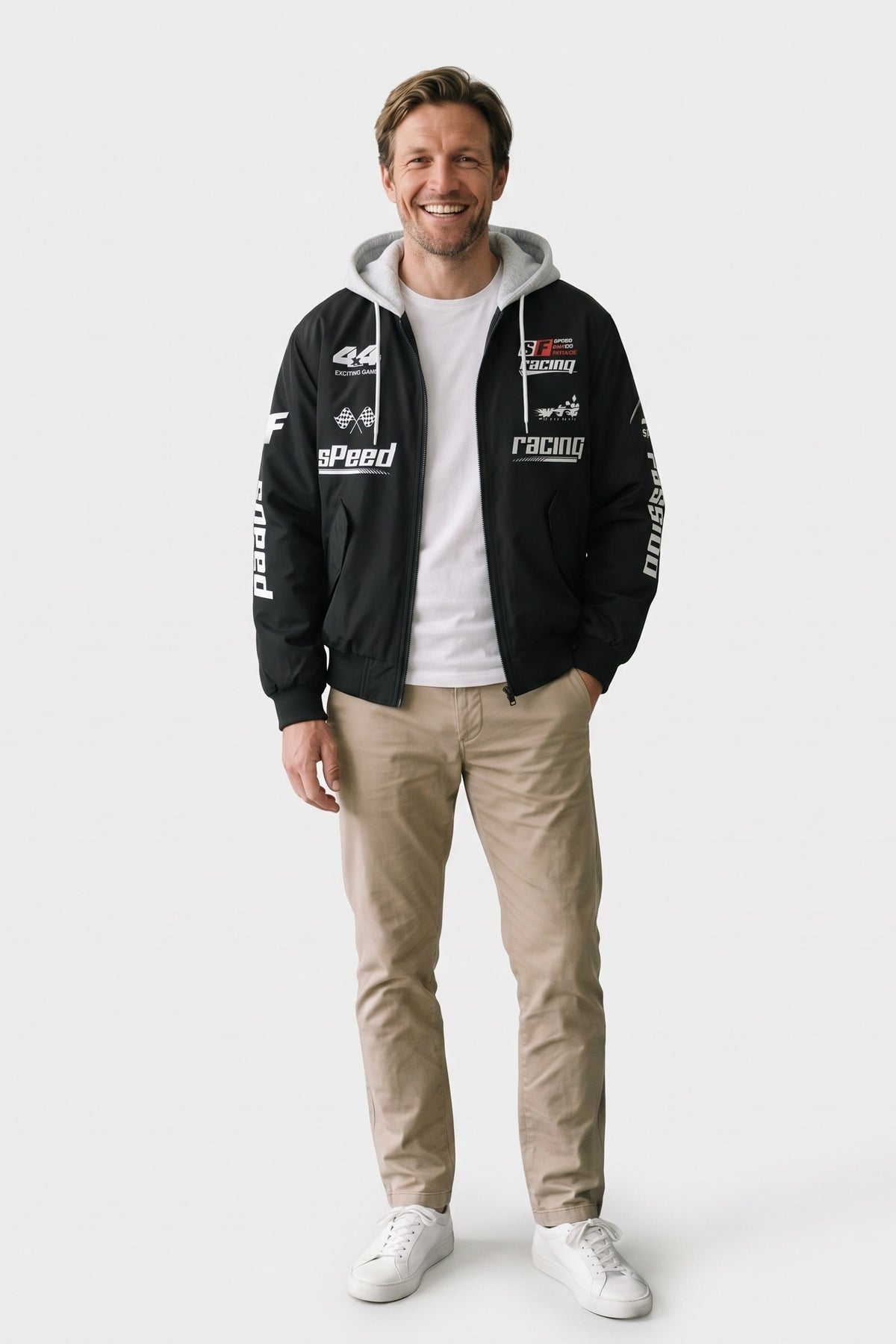 Men's Racing Bomber Jacket | Hooded — Black — front view — on model