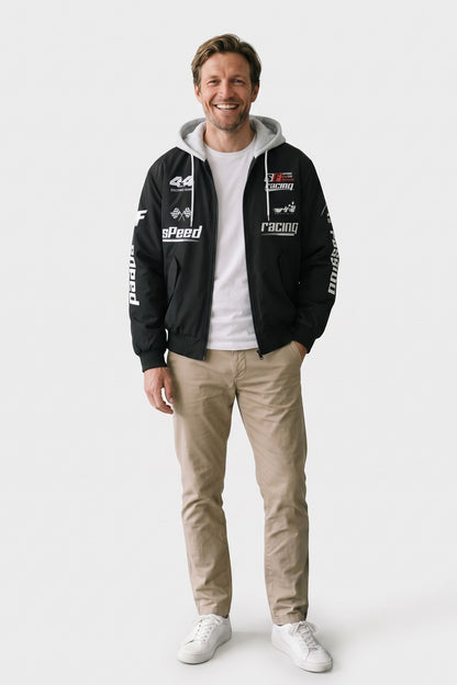 Men's Racing Bomber Jacket | Hooded — Black — front view — on model
