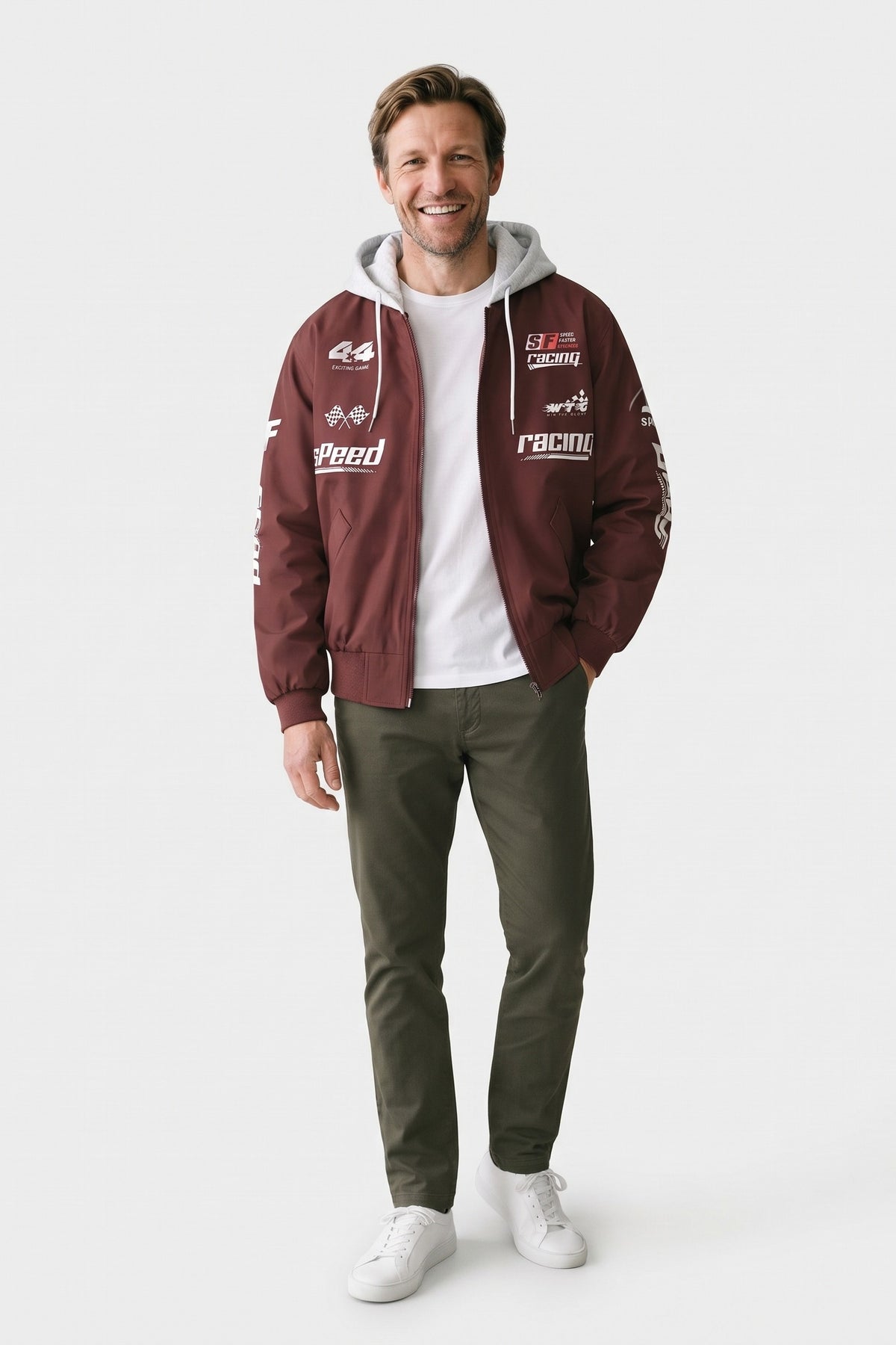 Men's Racing Bomber Jacket | Hooded — Burgundy — front view — on model